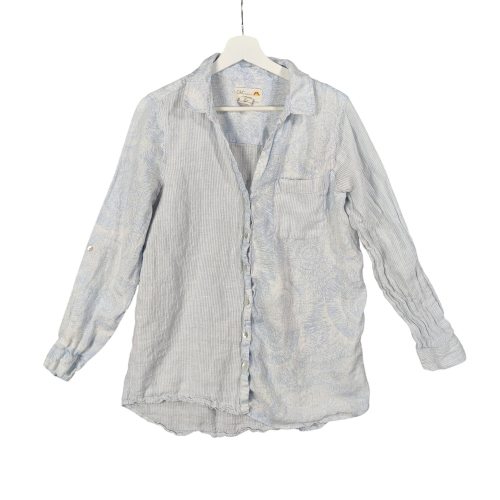 C&C California Women Coastal Floral 100% Linen Button Top L Striped Long Sleeve